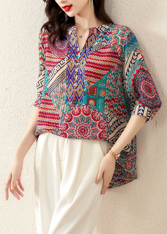Rose Print Patchwork Chiffon Loose T Shirt Tops V Neck Summer - Omychic