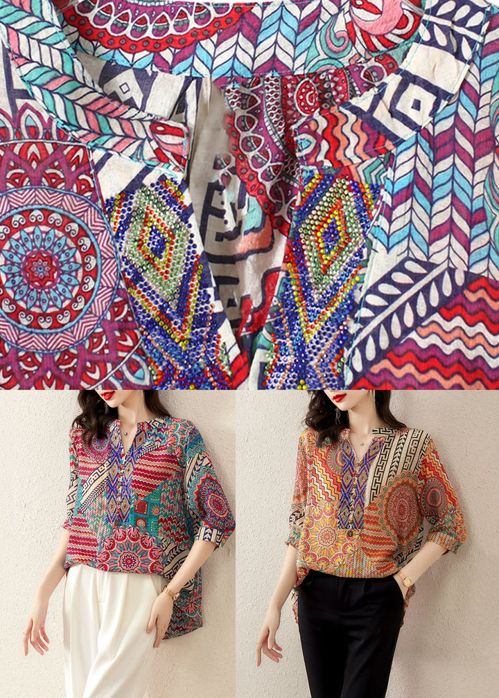 Rose Print Patchwork Chiffon Loose T Shirt Tops V Neck Summer - Omychic