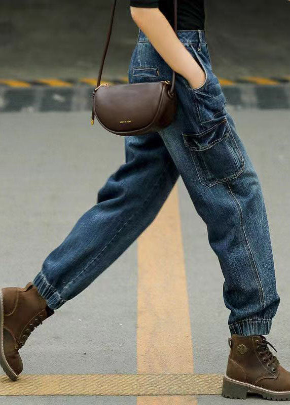 Style Blue Original Design Pockets Patchwork Cotton Denim Beam Pants