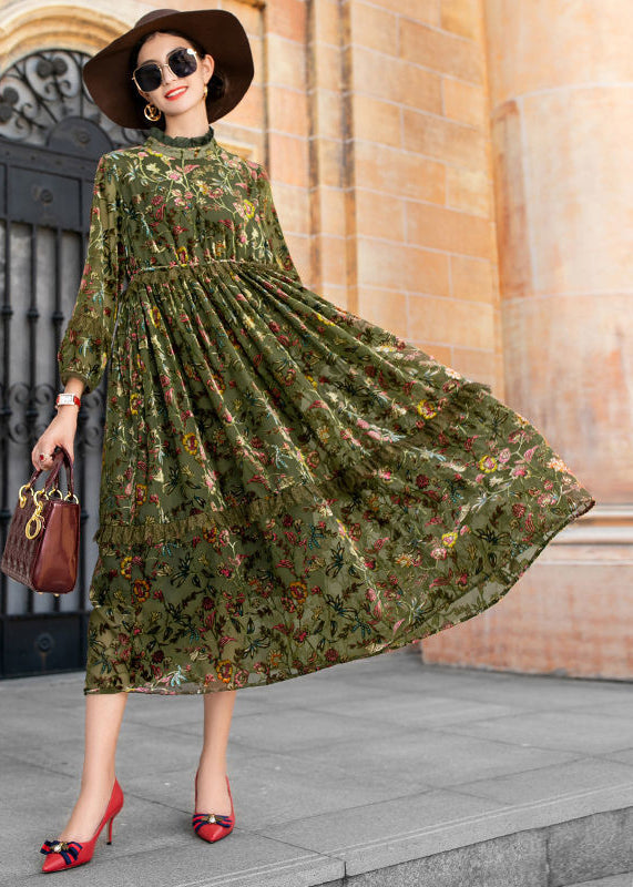 Style Green Ruffled Jacquard Patchwork Silk Velour Dresses Fall - Omychic