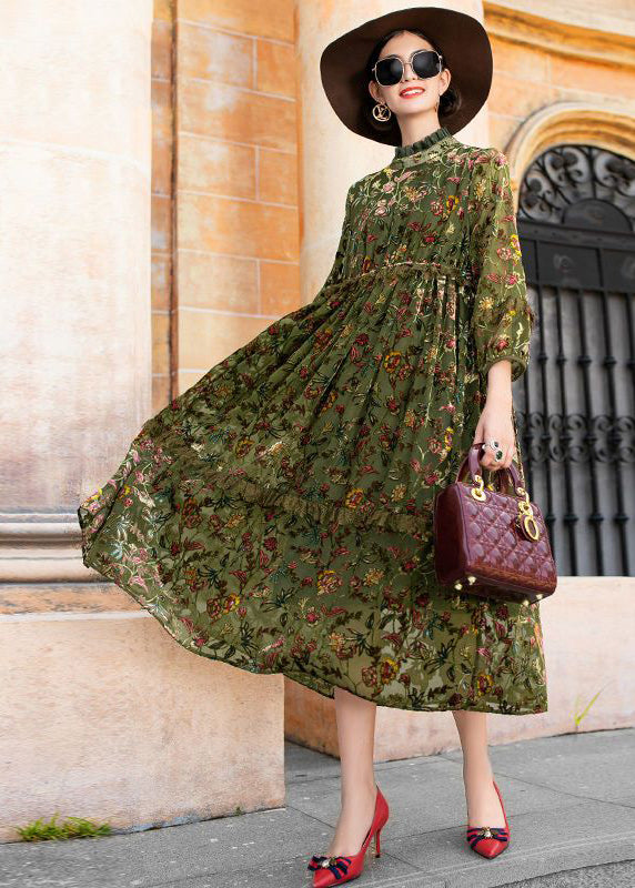 Style Green Ruffled Jacquard Patchwork Silk Velour Dresses Fall - Omychic