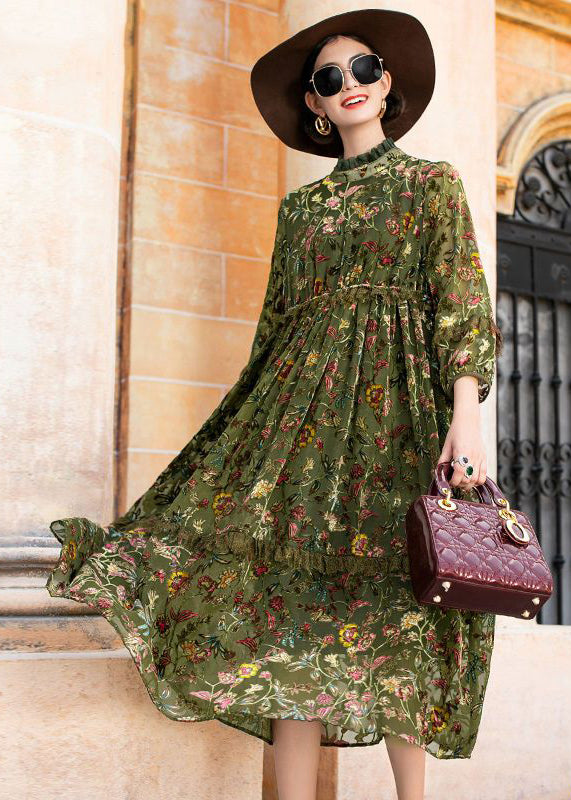 Style Green Ruffled Jacquard Patchwork Silk Velour Dresses Fall - Omychic