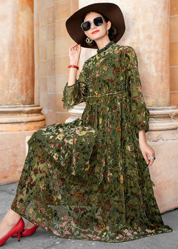 Style Green Ruffled Jacquard Patchwork Silk Velour Dresses Fall - Omychic
