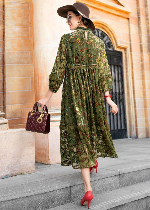 Style Green Ruffled Jacquard Patchwork Silk Velour Dresses Fall - Omychic