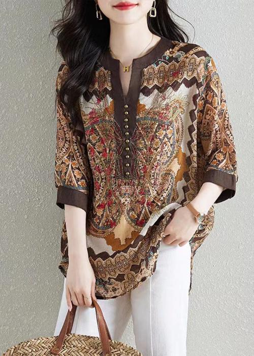 Style Khaki V Neck Print Patchwork Chiffon Shirt Tops Summer - Omychic