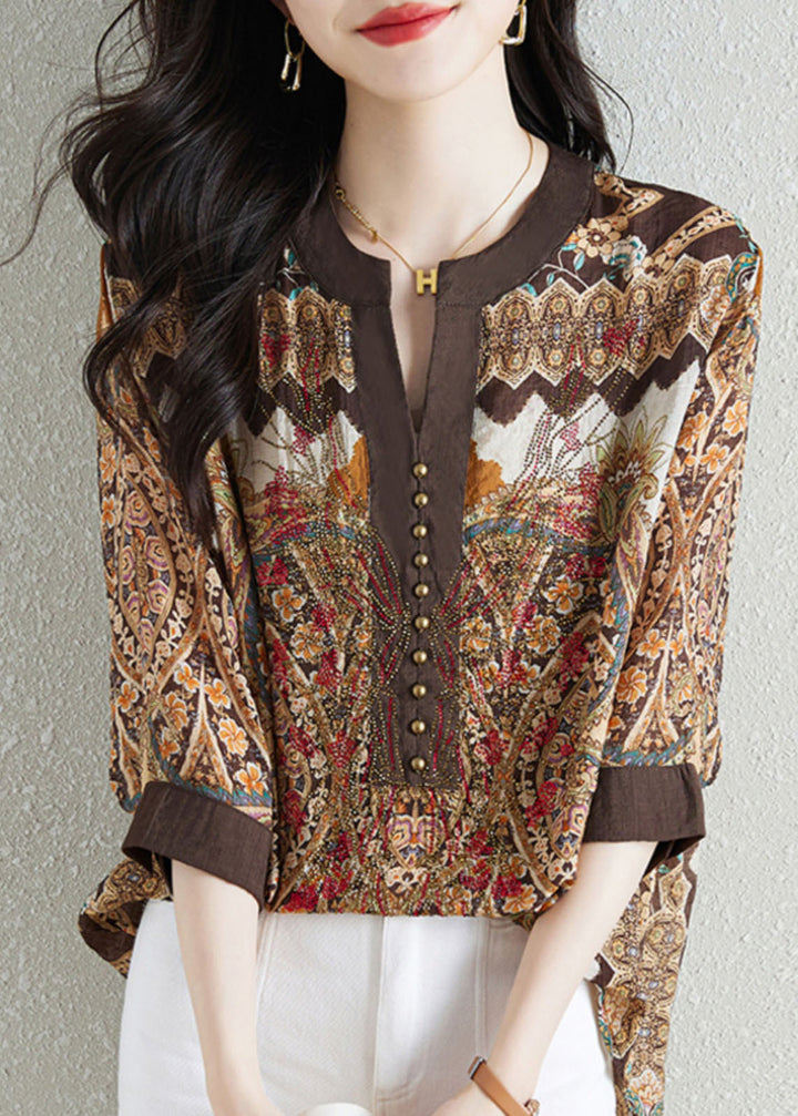 Style Khaki V Neck Print Patchwork Chiffon Shirt Tops Summer - Omychic