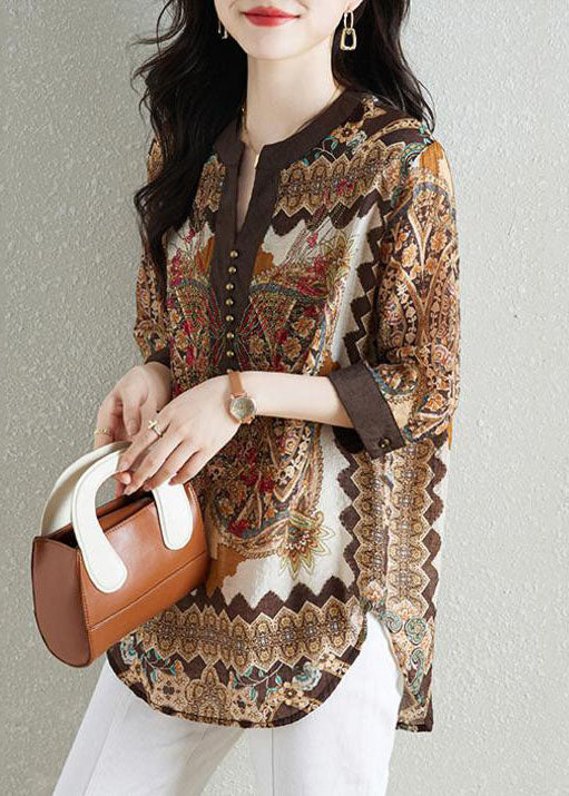 Style Khaki V Neck Print Patchwork Chiffon Shirt Tops Summer - Omychic