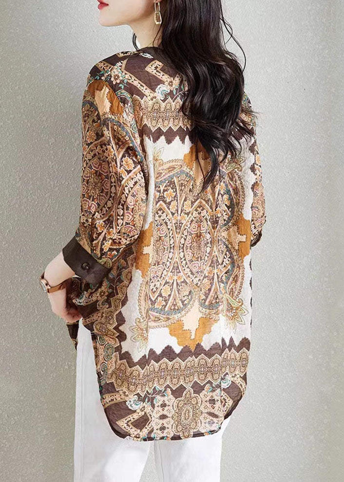 Style Khaki V Neck Print Patchwork Chiffon Shirt Tops Summer - Omychic