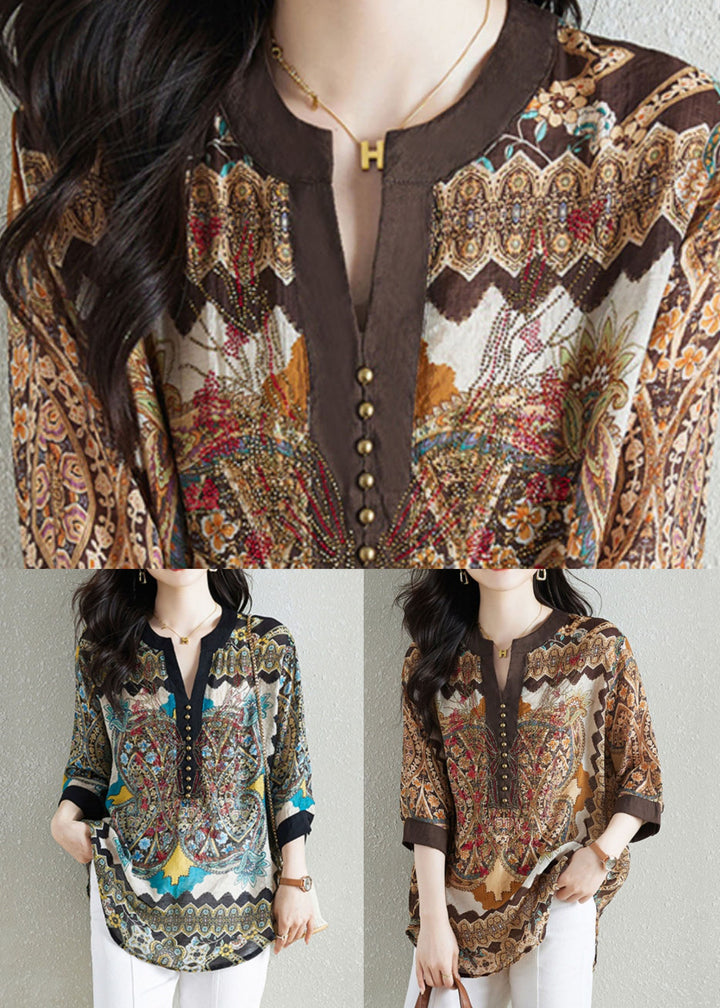 Style Khaki V Neck Print Patchwork Chiffon Shirt Tops Summer - Omychic