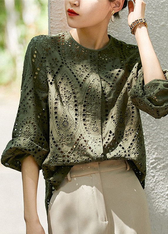 Style Tea Green Embroidered Hollow Out Cotton Top Fall - Omychic