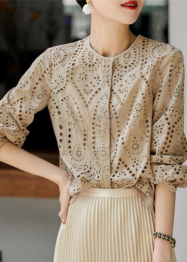 Style Tea Green Embroidered Hollow Out Cotton Top Fall - Omychic