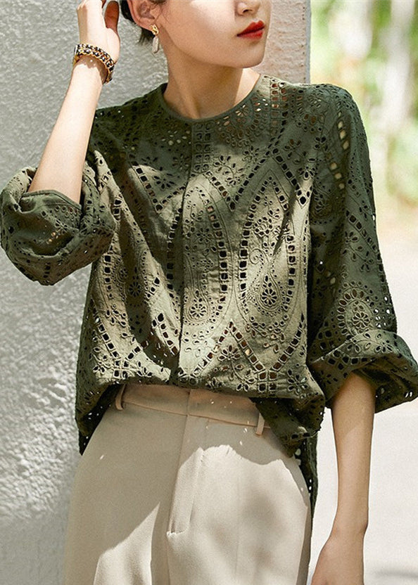 Style Tea Green Embroidered Hollow Out Cotton Top Fall - Omychic