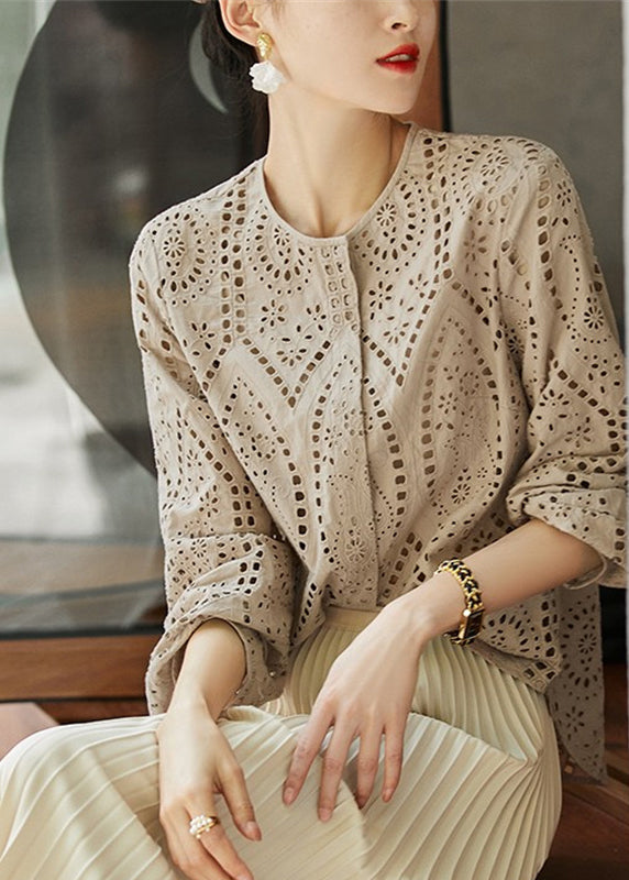 Style Tea Green Embroidered Hollow Out Cotton Top Fall - Omychic