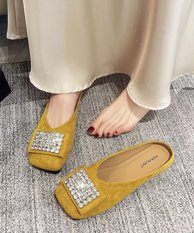 Stylish Versatile Yellow Suede Zircon Slide Sandals - Omychic
