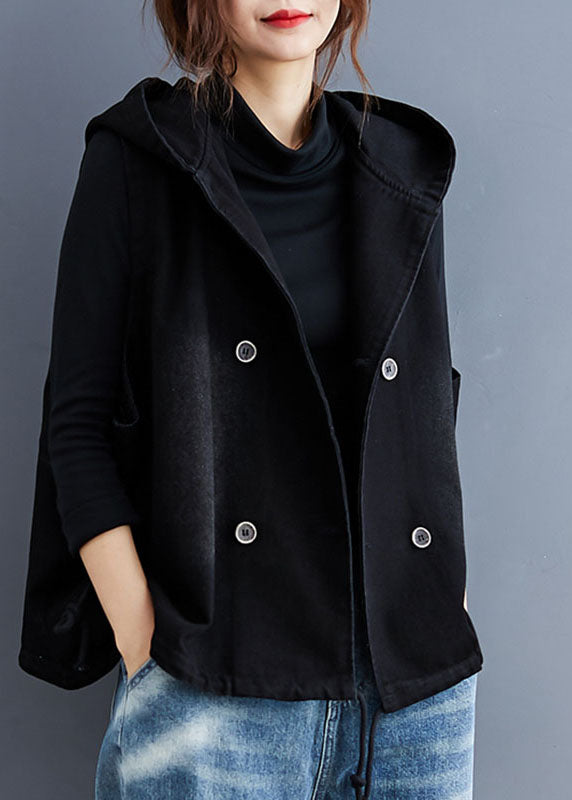 Unique Black Hooded Button denim Trench Sleeveless Vest - Omychic