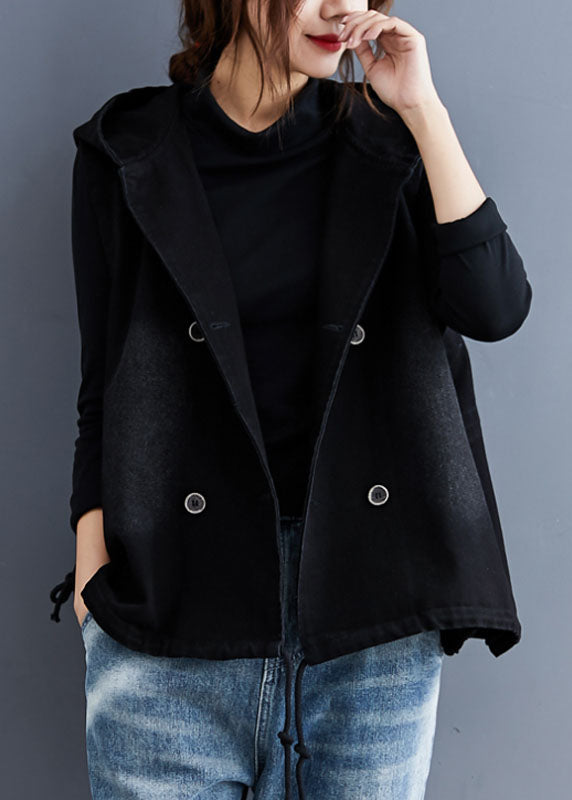 Unique Black Hooded Button denim Trench Sleeveless Vest - Omychic