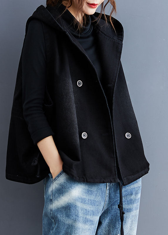 Unique Black Hooded Button denim Trench Sleeveless Vest - Omychic
