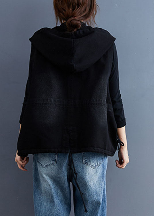 Unique Black Hooded Button denim Trench Sleeveless Vest - Omychic