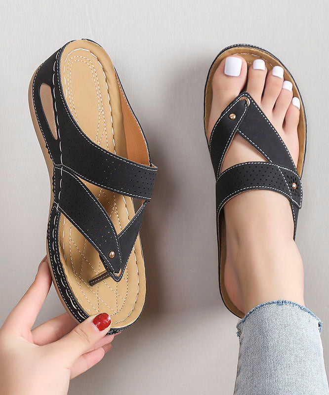Unique Black Plus Size Splicing Wedge Thong Sandals Faux Leather - Omychic