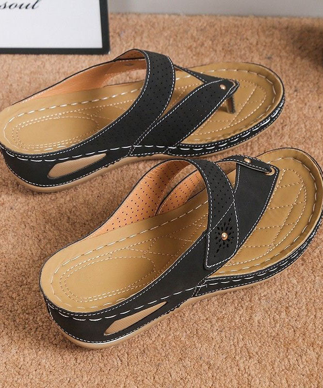 Unique Black Plus Size Splicing Wedge Thong Sandals Faux Leather - Omychic