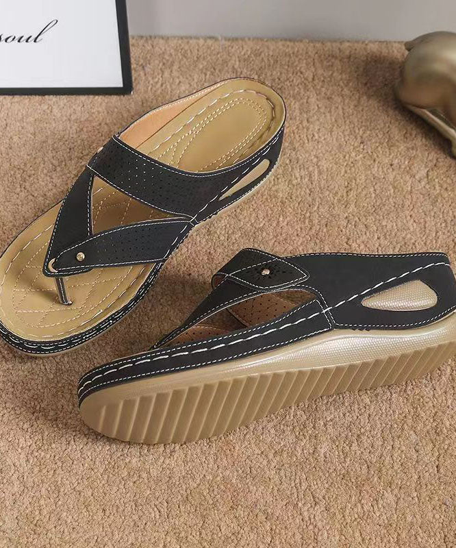 Unique Black Plus Size Splicing Wedge Thong Sandals Faux Leather - Omychic