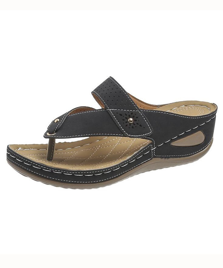 Unique Black Plus Size Splicing Wedge Thong Sandals Faux Leather - Omychic