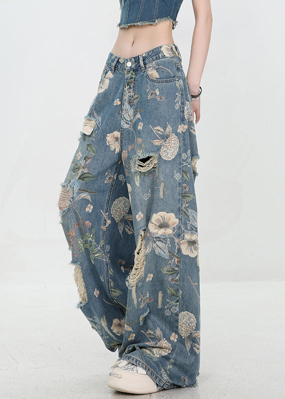 Unique Blue Print Hole High Waist Denim Pants Summer - Omychic