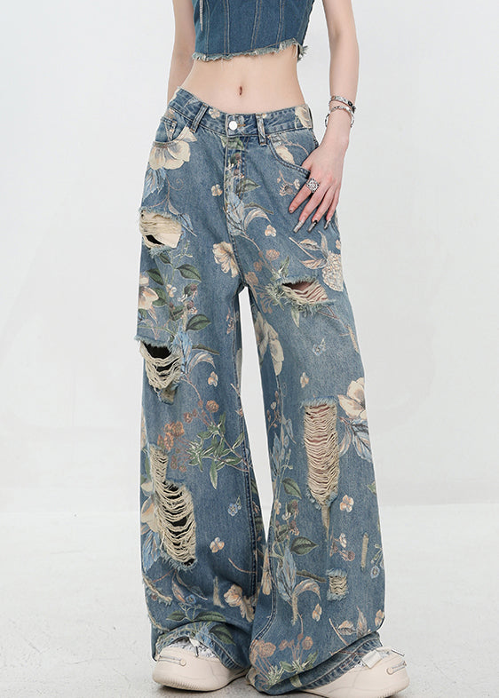Unique Blue Print Hole High Waist Denim Pants Summer - Omychic