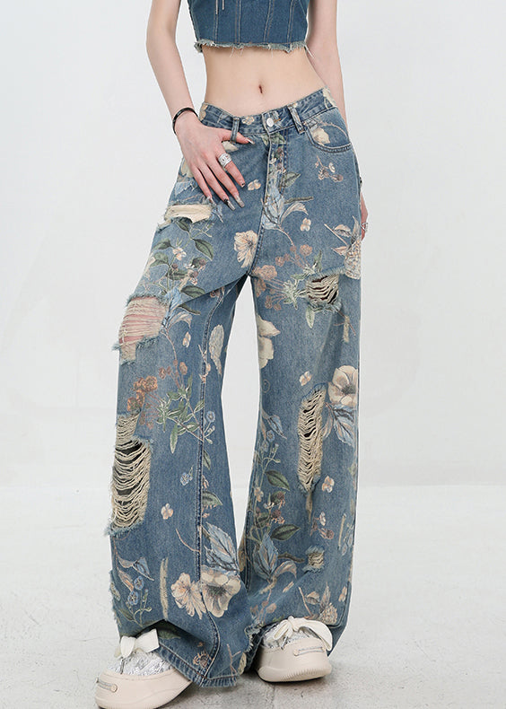 Unique Blue Print Hole High Waist Denim Pants Summer - Omychic