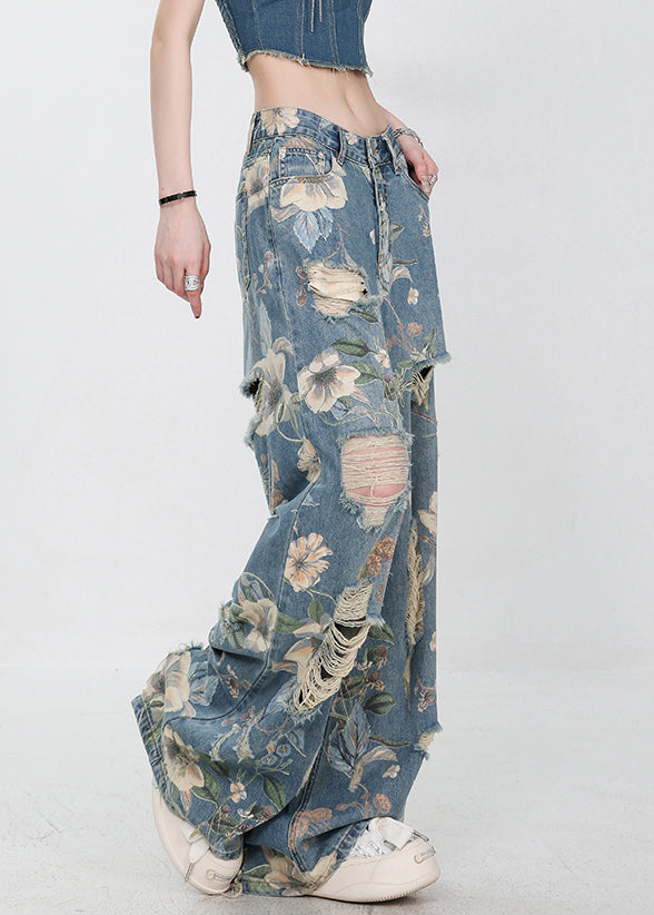 Unique Blue Print Hole High Waist Denim Pants Summer - Omychic
