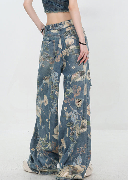 Unique Blue Print Hole High Waist Denim Pants Summer - Omychic
