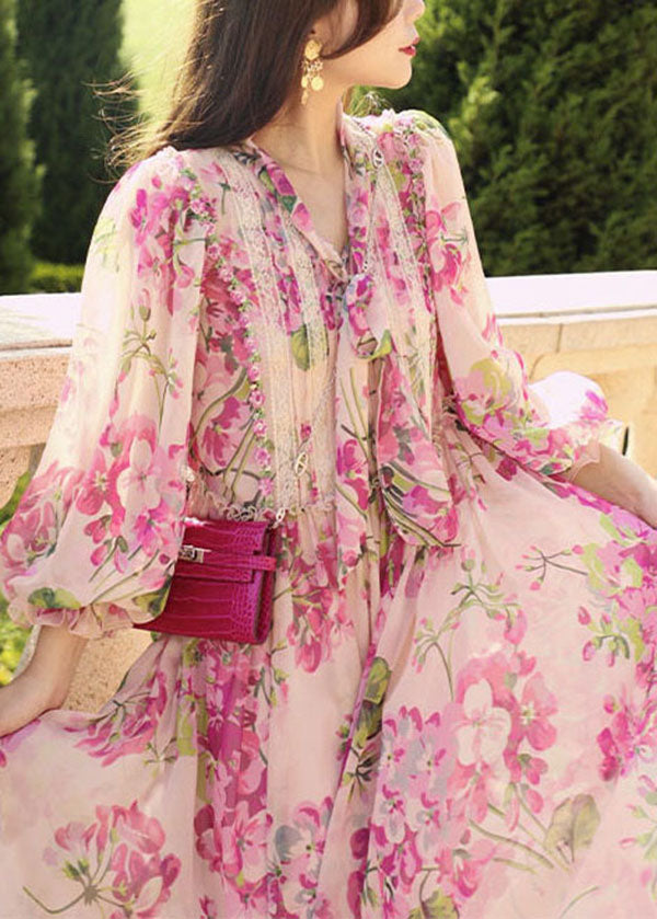 Unique Pink Bow Lace Patchwork Print Silk Dress Summer - Omychic