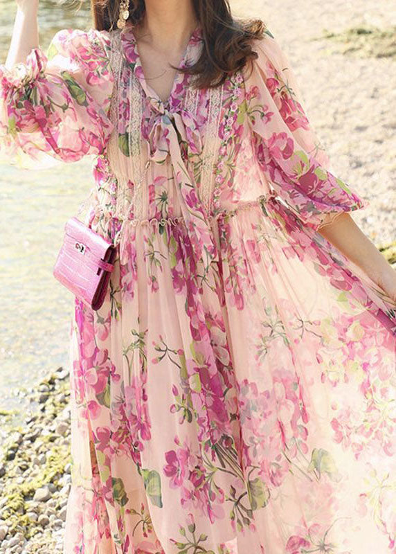 Unique Pink Bow Lace Patchwork Print Silk Dress Summer - Omychic