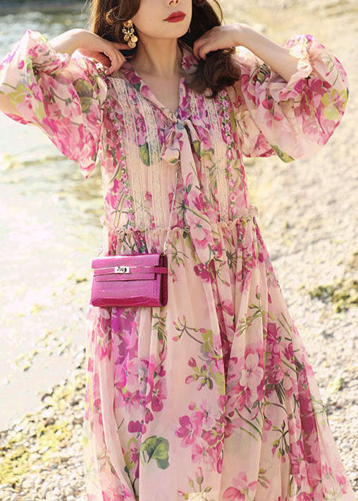 Unique Pink Bow Lace Patchwork Print Silk Dress Summer - Omychic