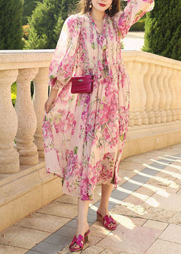 Unique Pink Bow Lace Patchwork Print Silk Dress Summer - Omychic
