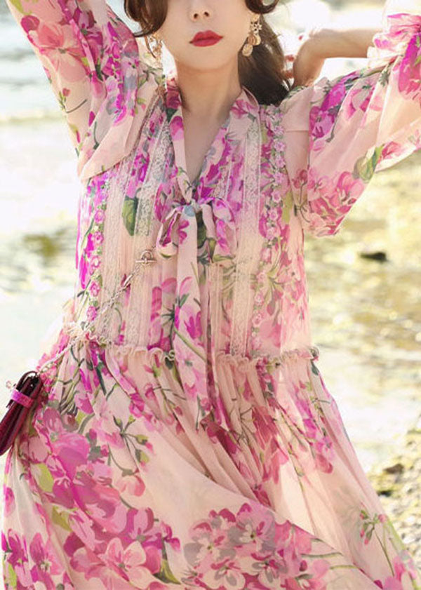 Unique Pink Bow Lace Patchwork Print Silk Dress Summer - Omychic