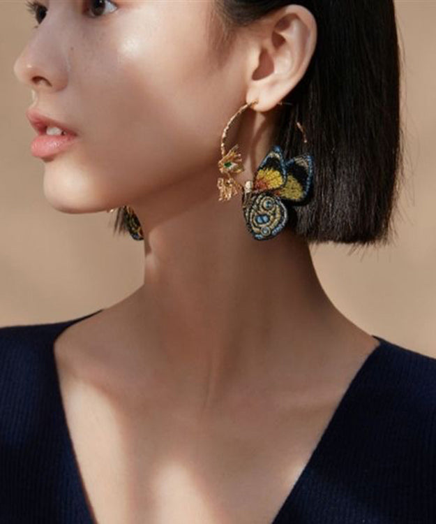 Vintage Gold Sterling Silver Overgild Crystal Embroidery Butterfly Hoop Earrings - Omychic