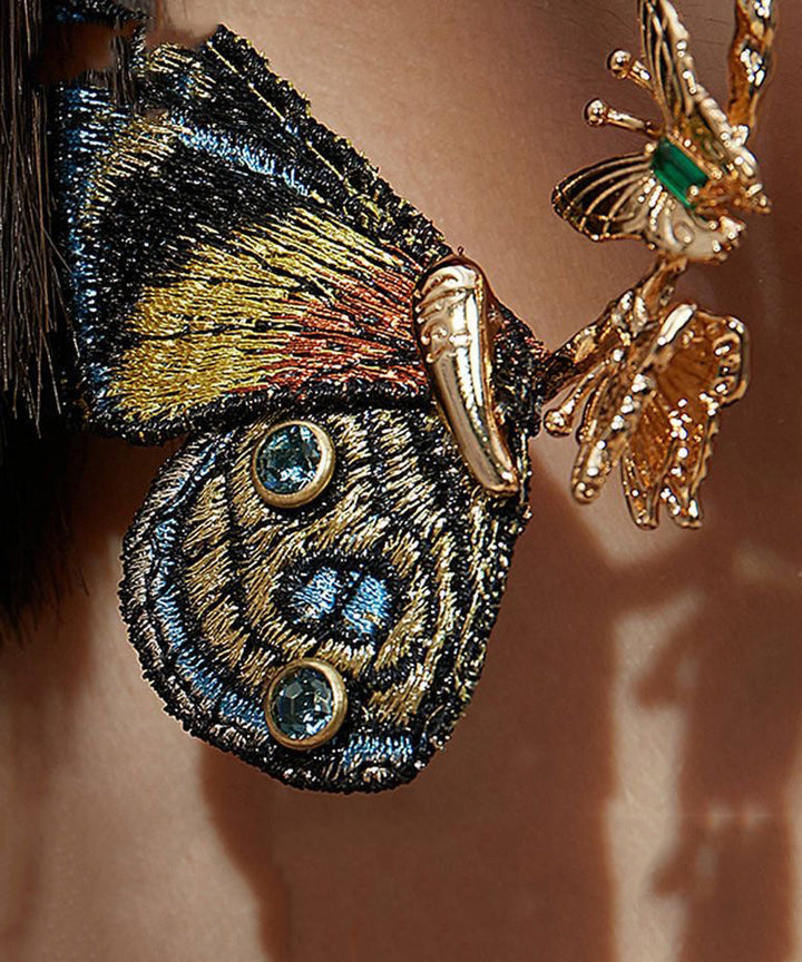 Vintage Gold Sterling Silver Overgild Crystal Embroidery Butterfly Hoop Earrings - Omychic