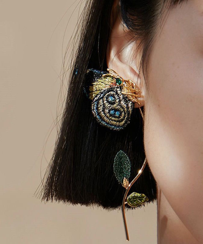 Vintage Gold Sterling Silver Overgild Crystal Embroidery Butterfly Hoop Earrings - Omychic