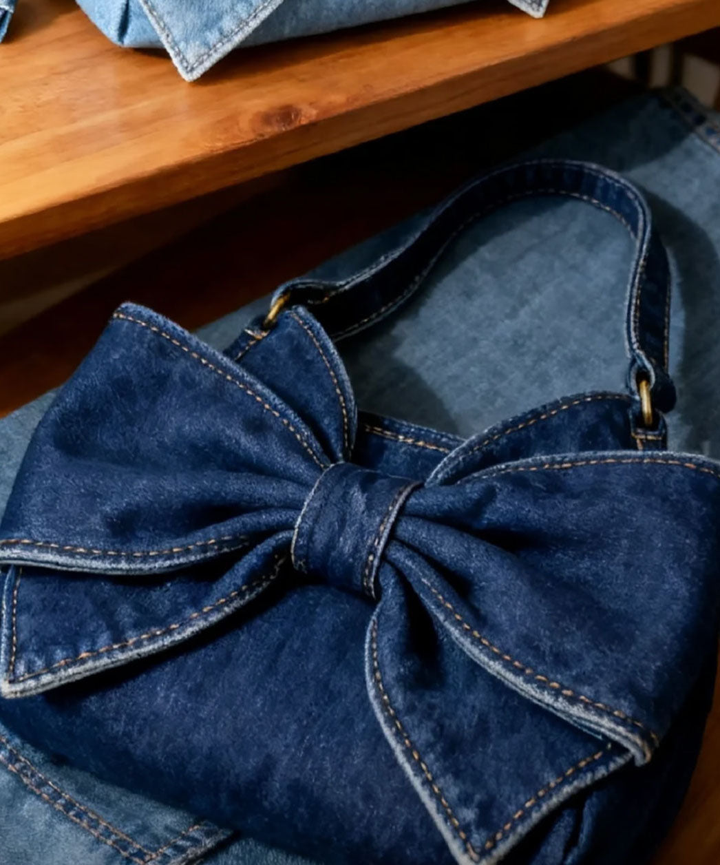 Vintage Navy Bow Solid Durable Denim Shoulder Bags - Omychic
