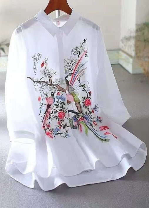 White Cotton Top Embroidered Bracelet Sleeve - Omychic
