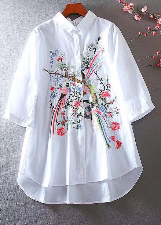 White Cotton Top Embroidered Bracelet Sleeve - Omychic