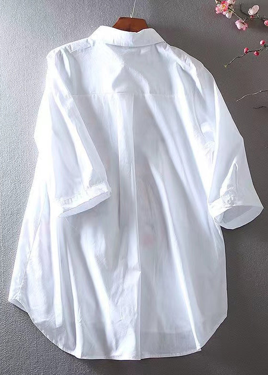 White Cotton Top Embroidered Bracelet Sleeve - Omychic