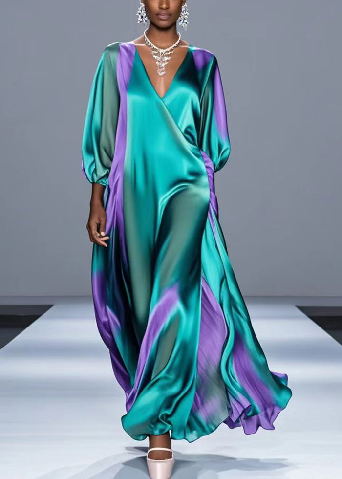Women Green Oversized Tie Dye Silk Robe Dresses Bracelet Sleeve - Omychic