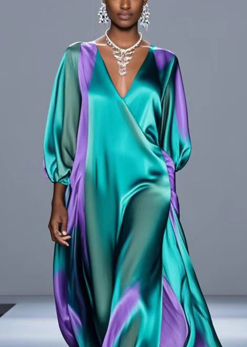 Women Green Oversized Tie Dye Silk Robe Dresses Bracelet Sleeve - Omychic