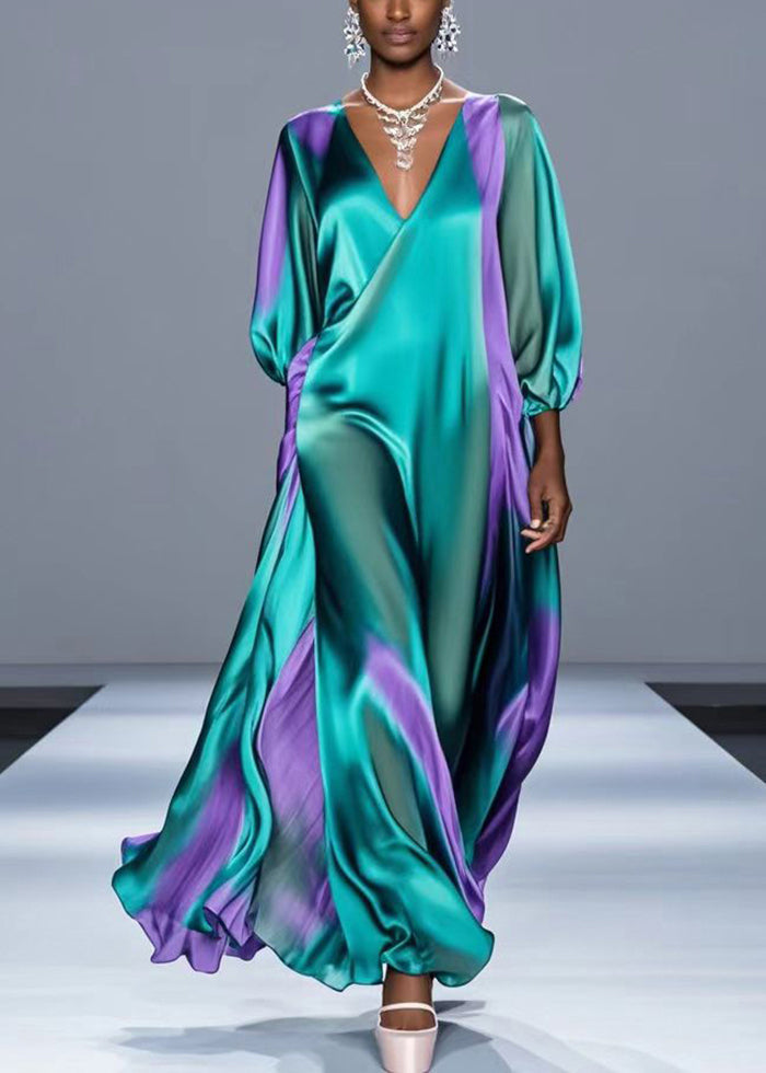 Women Green Oversized Tie Dye Silk Robe Dresses Bracelet Sleeve - Omychic