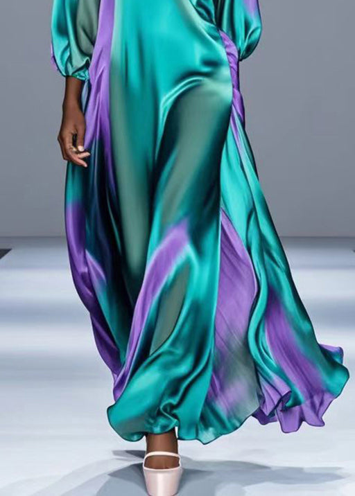Women Green Oversized Tie Dye Silk Robe Dresses Bracelet Sleeve - Omychic