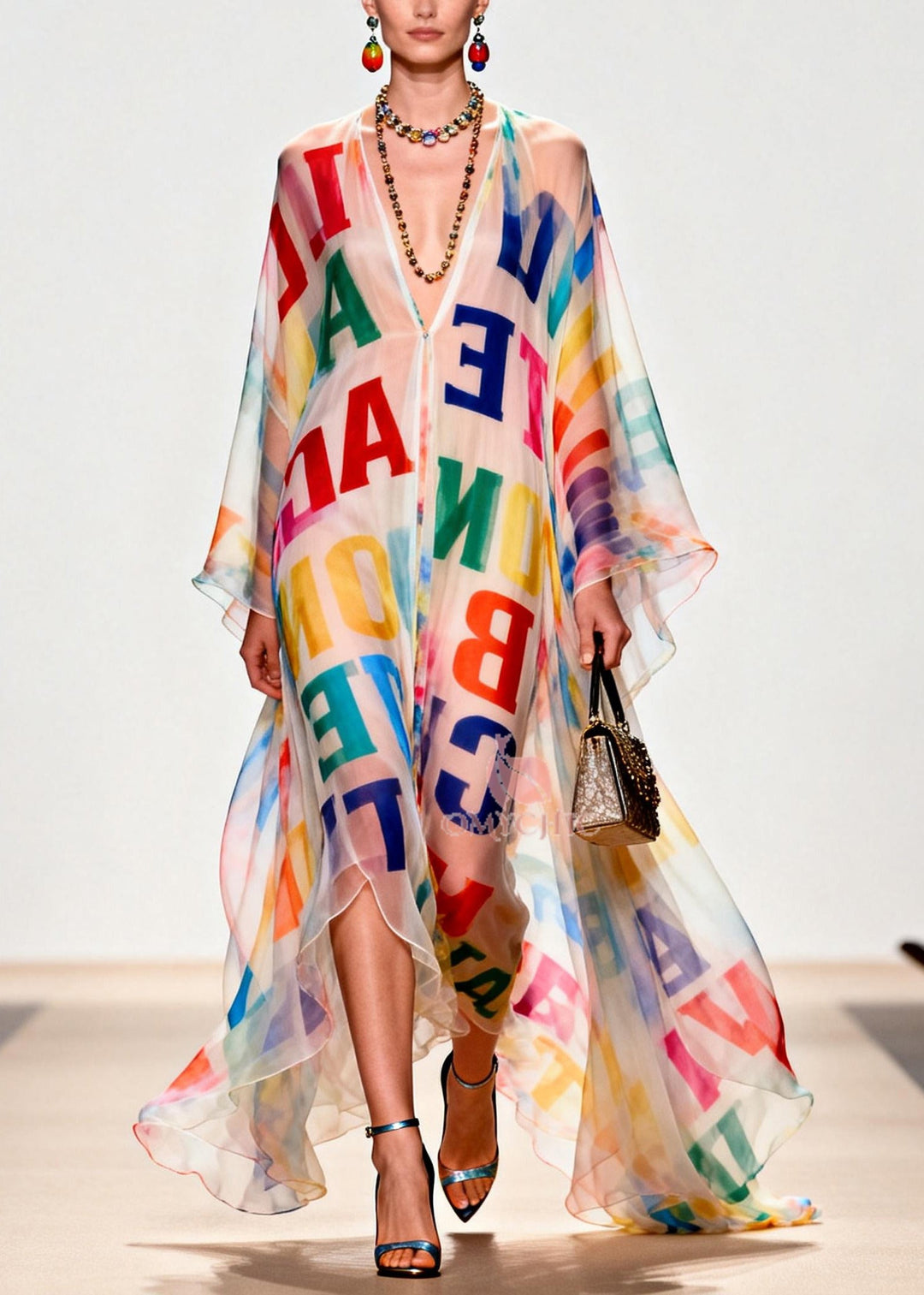 Women Oversized Letter Print Exra Large Hem Chiffon Beach Dress Summer