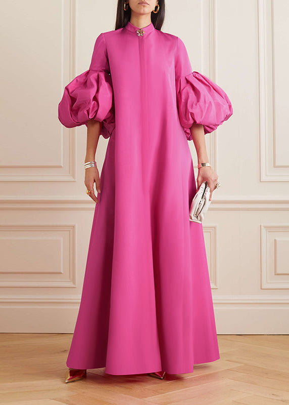 Loose Flower Shape Solid Color Stand Collar Lantern Sleeves Maxi Dresses - Omychic