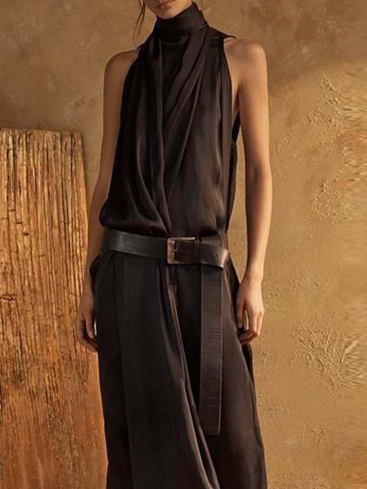 Black Elegant Plain High Neck Sleeveless Loose Maxi Tank Dress